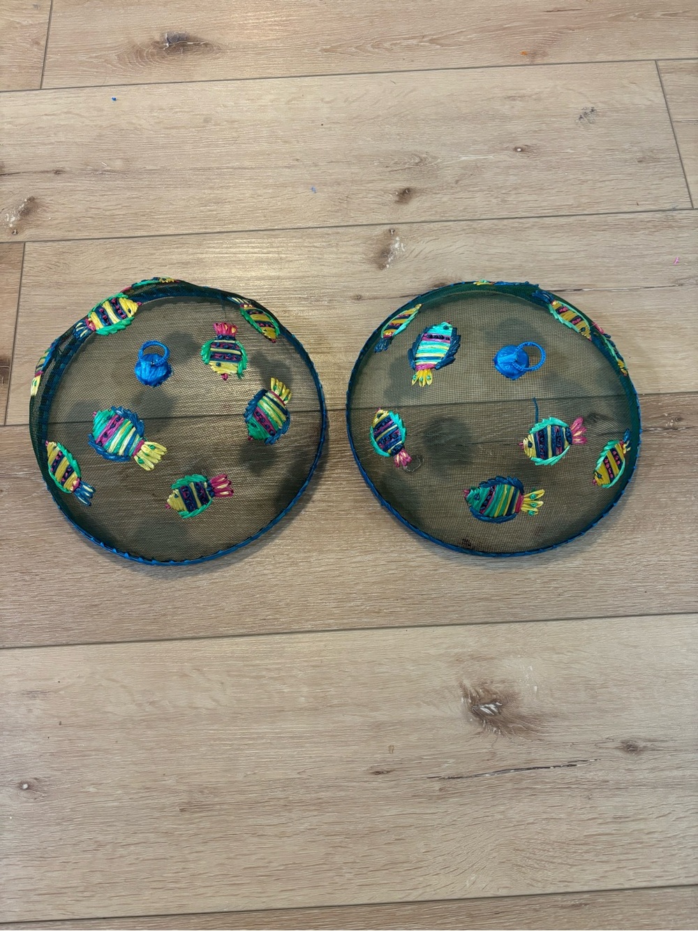 Two Vintage Raffia Mesh Food Covers Colorful Fish